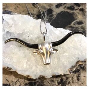 Sterling Silver Crystal Large Bull Head Pendant Necklace